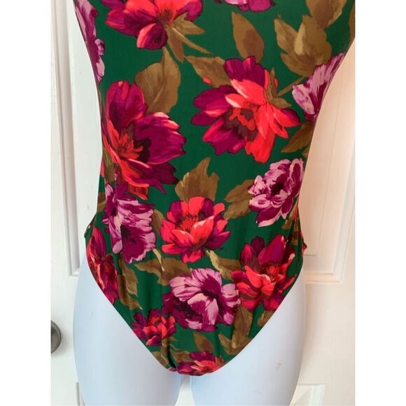 J Crew Emerald Green Bold Floral Ruffled Shoulder Swimsuit Size S - Picture 2 of 8
